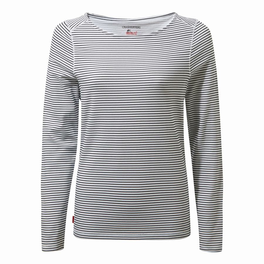 Blue Navy Stripes Craghoppers NosiLife Erin Long Sleeved Women's T-Shirts | RRJ7043YW