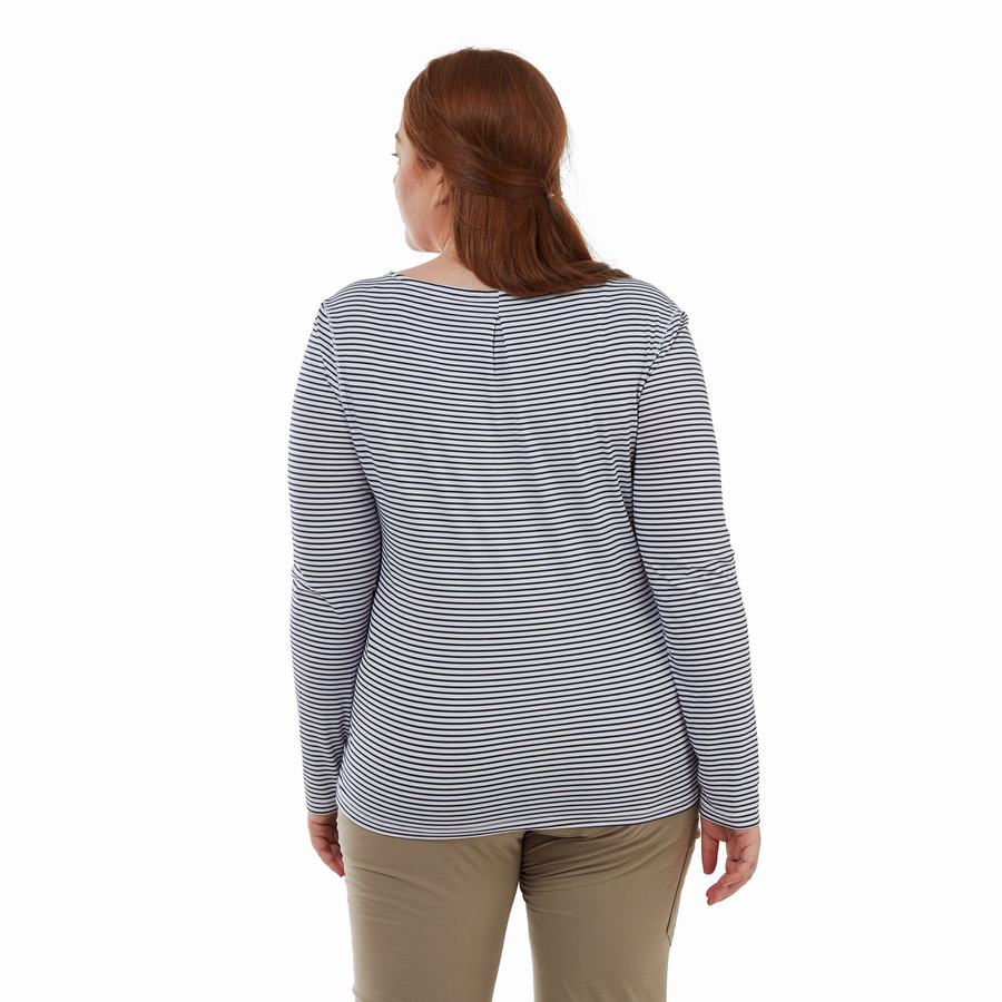 Blue Navy Stripes Craghoppers NosiLife Erin Long Sleeved Women's T-Shirts | RRJ7043YW