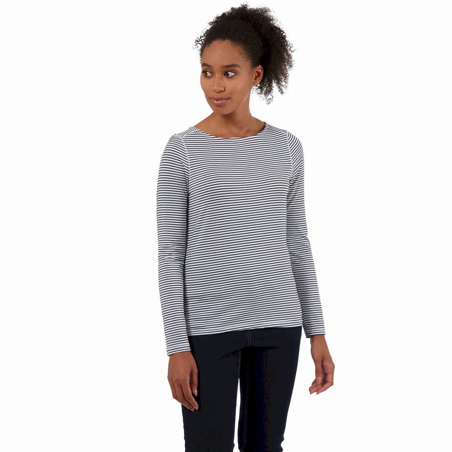 Blue Navy Stripes Craghoppers NosiLife Erin Long Sleeved Women's T-Shirts | RRJ7043YW