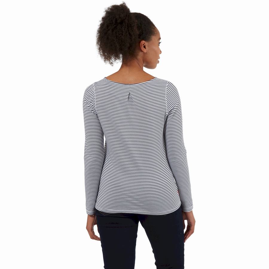 Blue Navy Stripes Craghoppers NosiLife Erin Long Sleeved Women's T-Shirts | RRJ7043YW