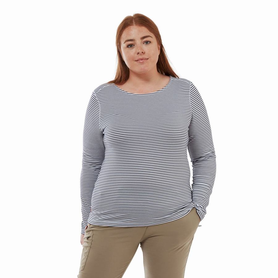 Blue Navy Stripes Craghoppers NosiLife Erin Long Sleeved Women's T-Shirts | RRJ7043YW
