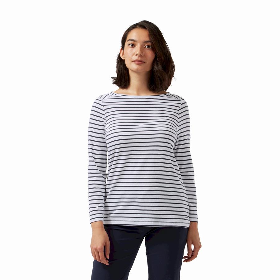 Blue Navy White Stripes Craghoppers Blanca 3/4 Sleeved Top Women's T-Shirts | OSS7142BH