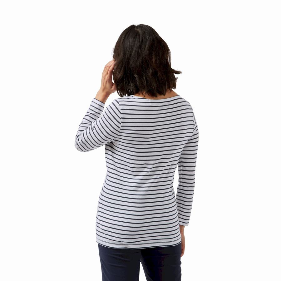 Blue Navy White Stripes Craghoppers Blanca 3/4 Sleeved Top Women's T-Shirts | OSS7142BH