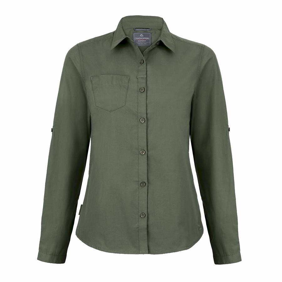 Dark Green Craghoppers Expert Kiwi Long Sleeved Women\'s Shirts | NBG719LJ