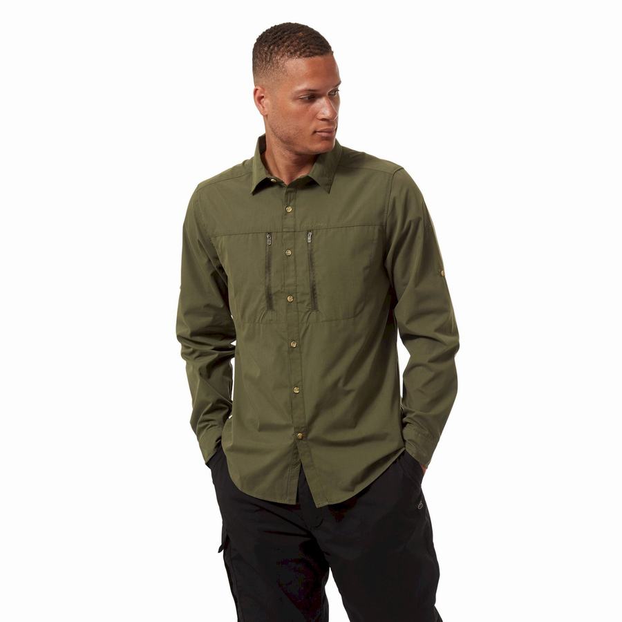 Dark Khaki Craghoppers Kiwi Boulder Long Sleeved Men's Shirts | HFK589BZ