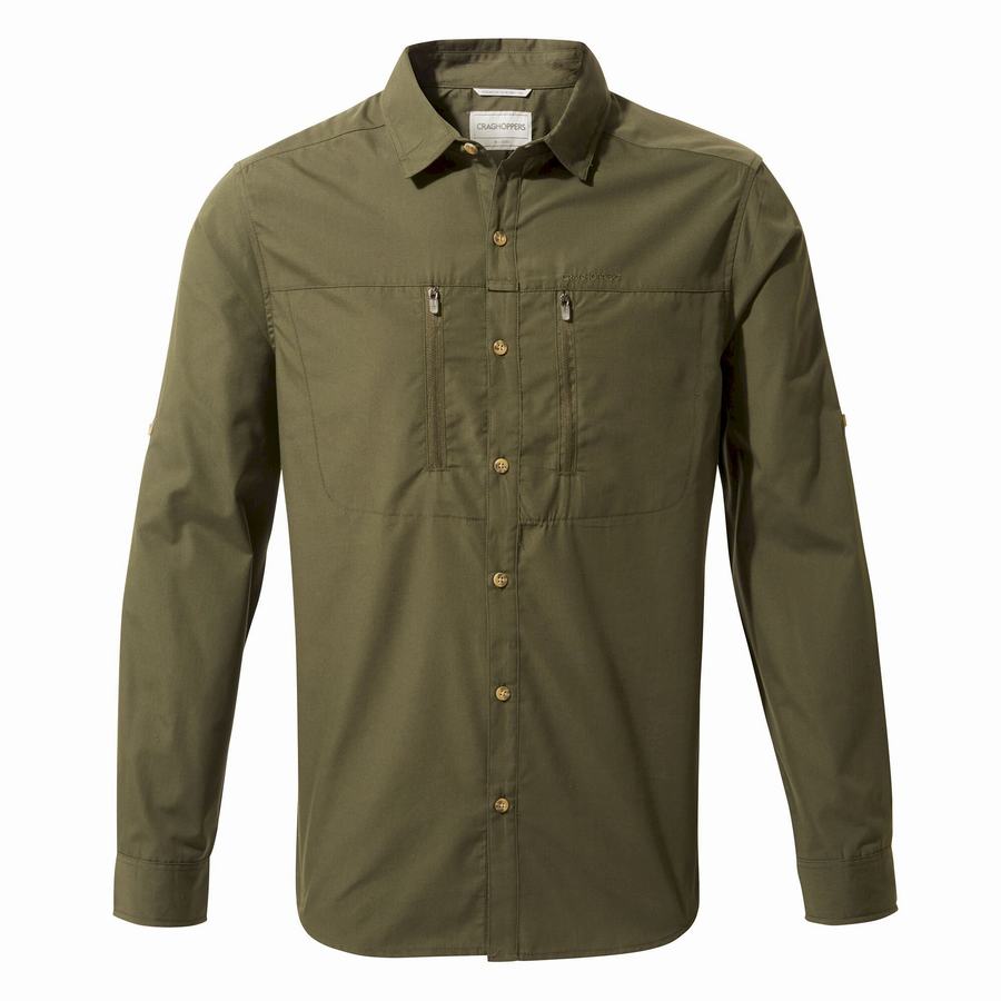 Dark Khaki Craghoppers Kiwi Boulder Long Sleeved Men\'s Shirts | HFK589BZ