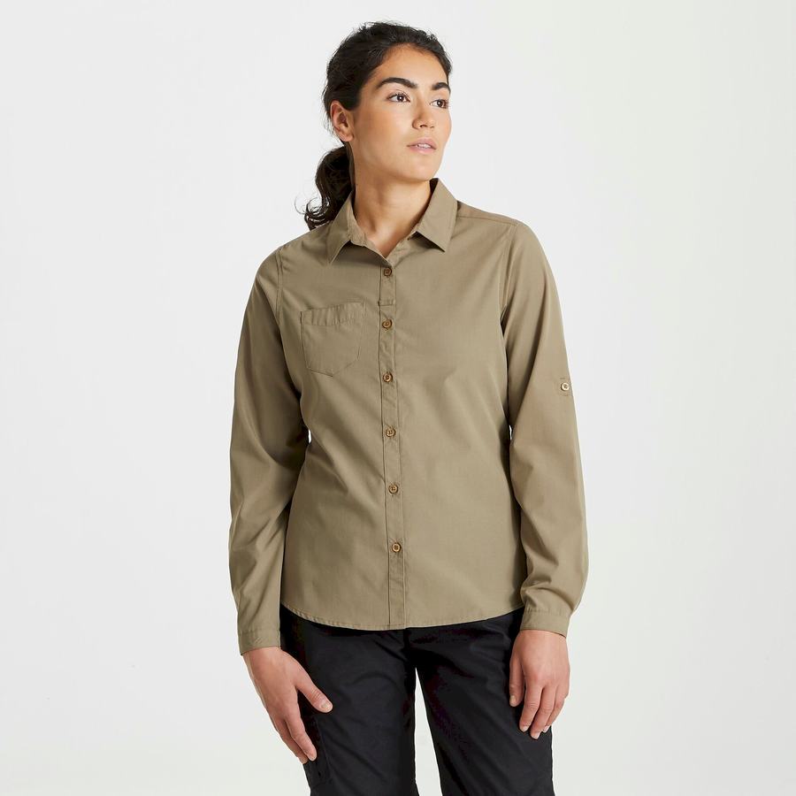 Khaki Craghoppers Expert Kiwi Long Sleeved Women's Shirts | DUA689TS