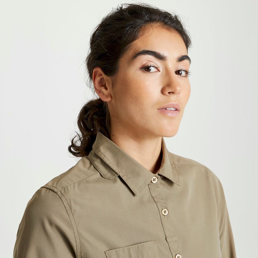 Khaki Craghoppers Expert Kiwi Long Sleeved Women's Shirts | DUA689TS