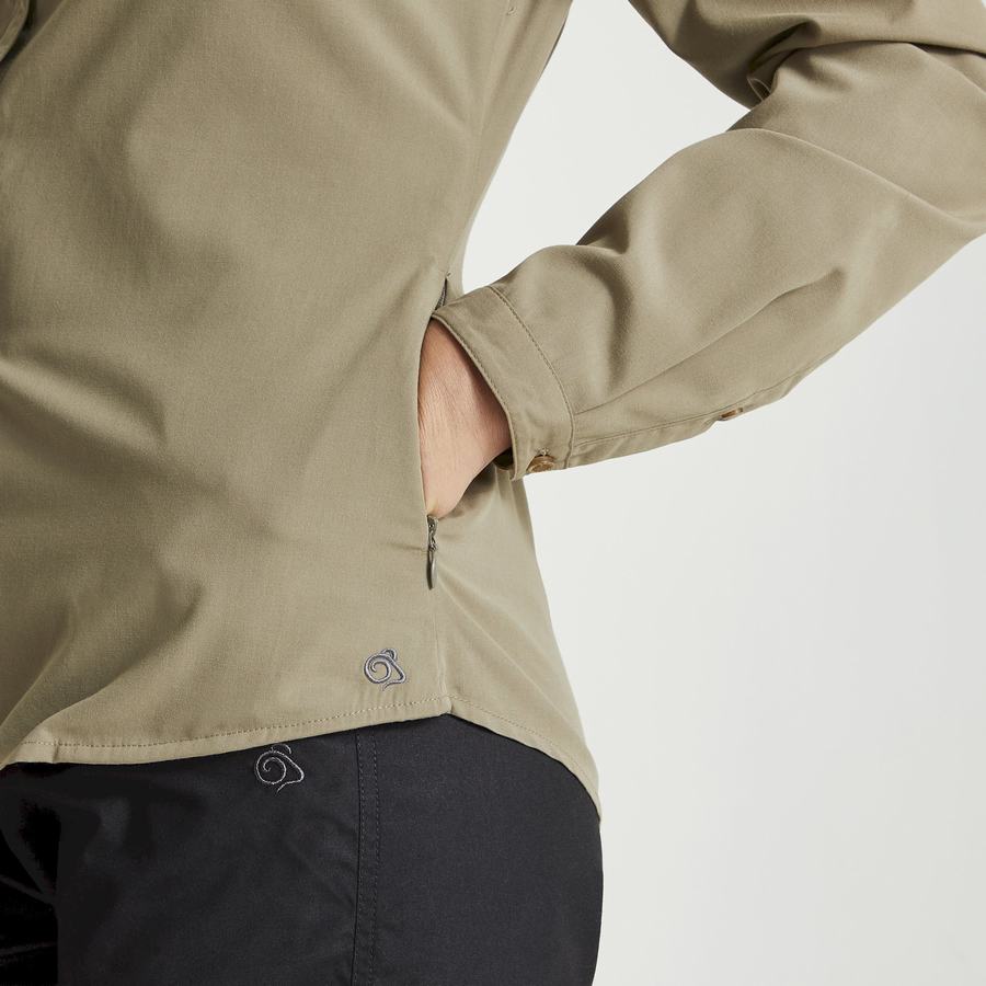 Khaki Craghoppers Expert Kiwi Long Sleeved Women's Shirts | DUA689TS